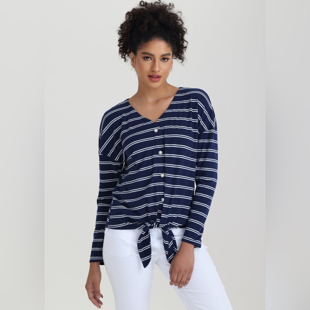 NWT 89th & Madison Navy and White Striped Button Vneck front-tie long sleeve tee